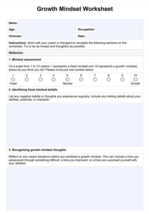 Growth Mindset Worksheet PDF Example