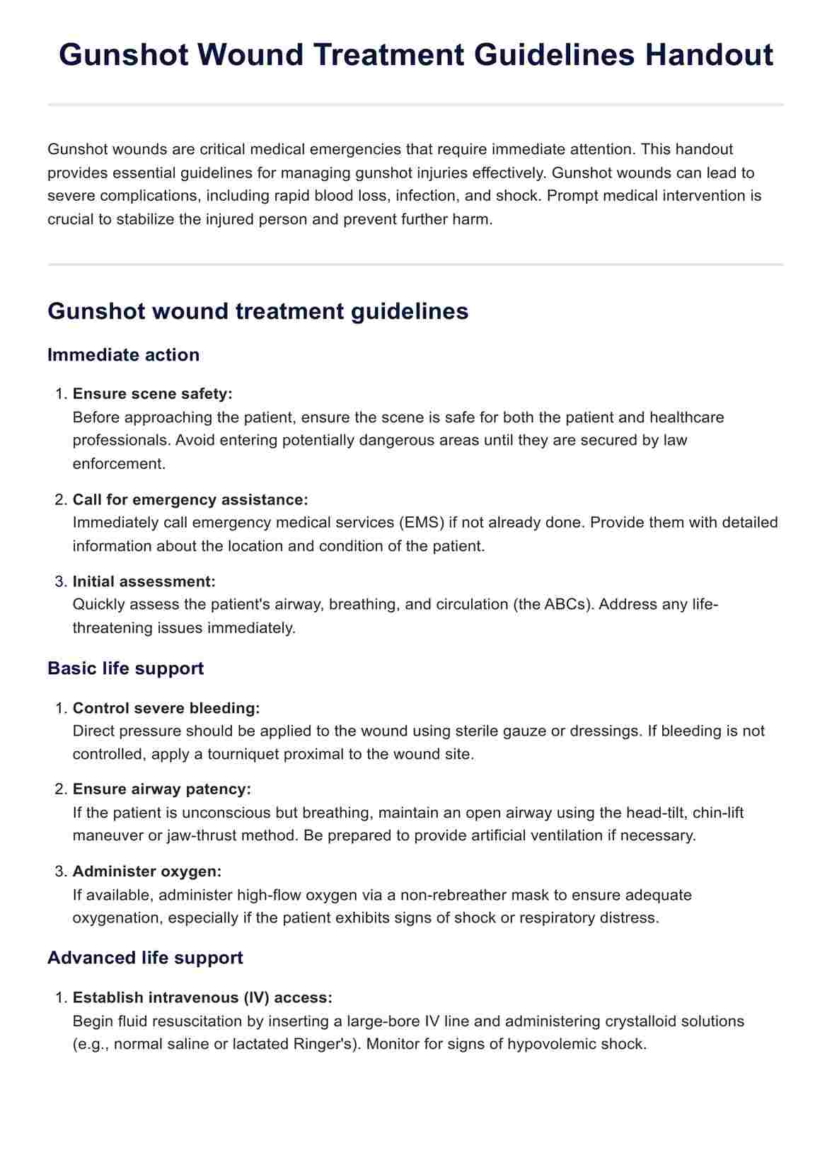 Gunshot Wound Treatment Guidelines Handout PDF Example
