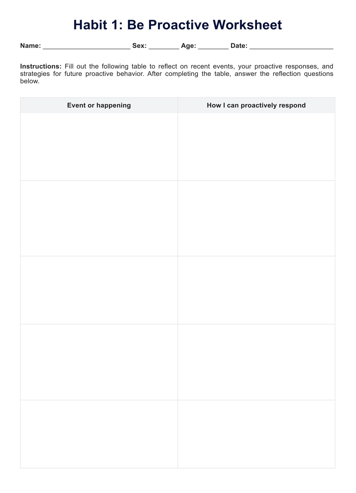 Habit 1: Be Proactive Worksheet PDF Example
