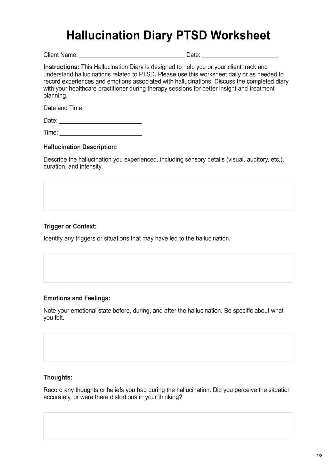 Hallucination Diary PTSD Worksheet PDF Example