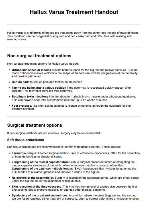 Hallux Varus Treatment Guidelines Handout PDF Example