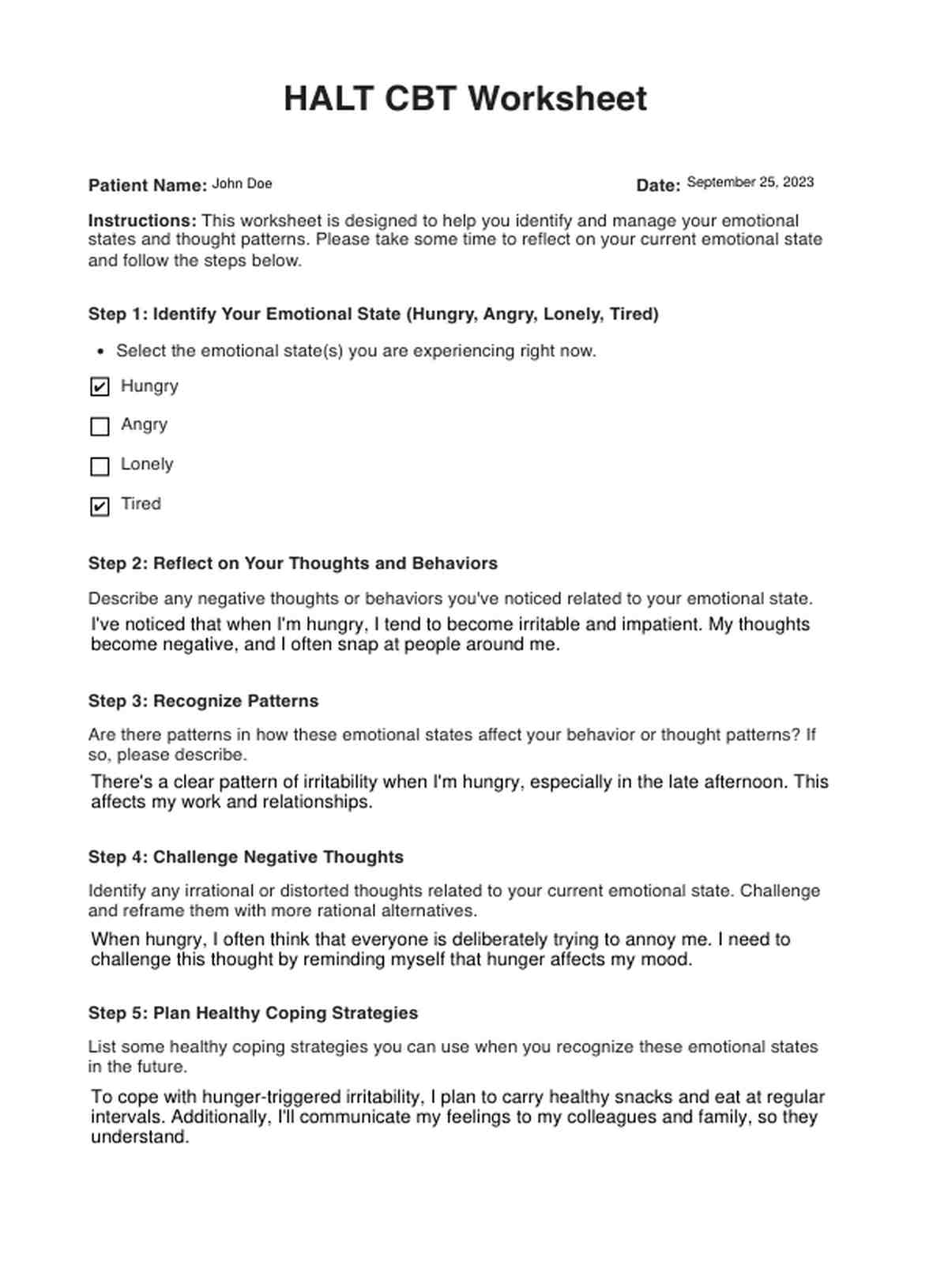 HALT CBT Worksheets PDF Example