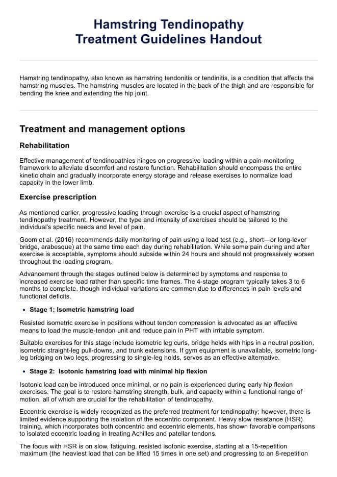 Hamstring Tendinopathy Treatment Guidelines Handout PDF Example