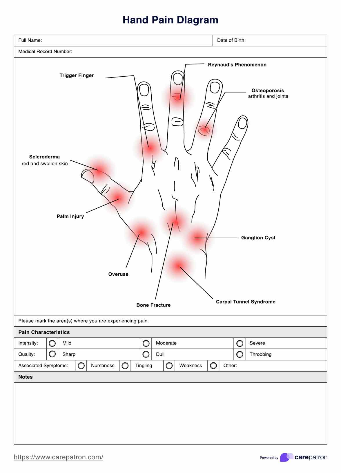 Hand Pain Diagrams PDF Example