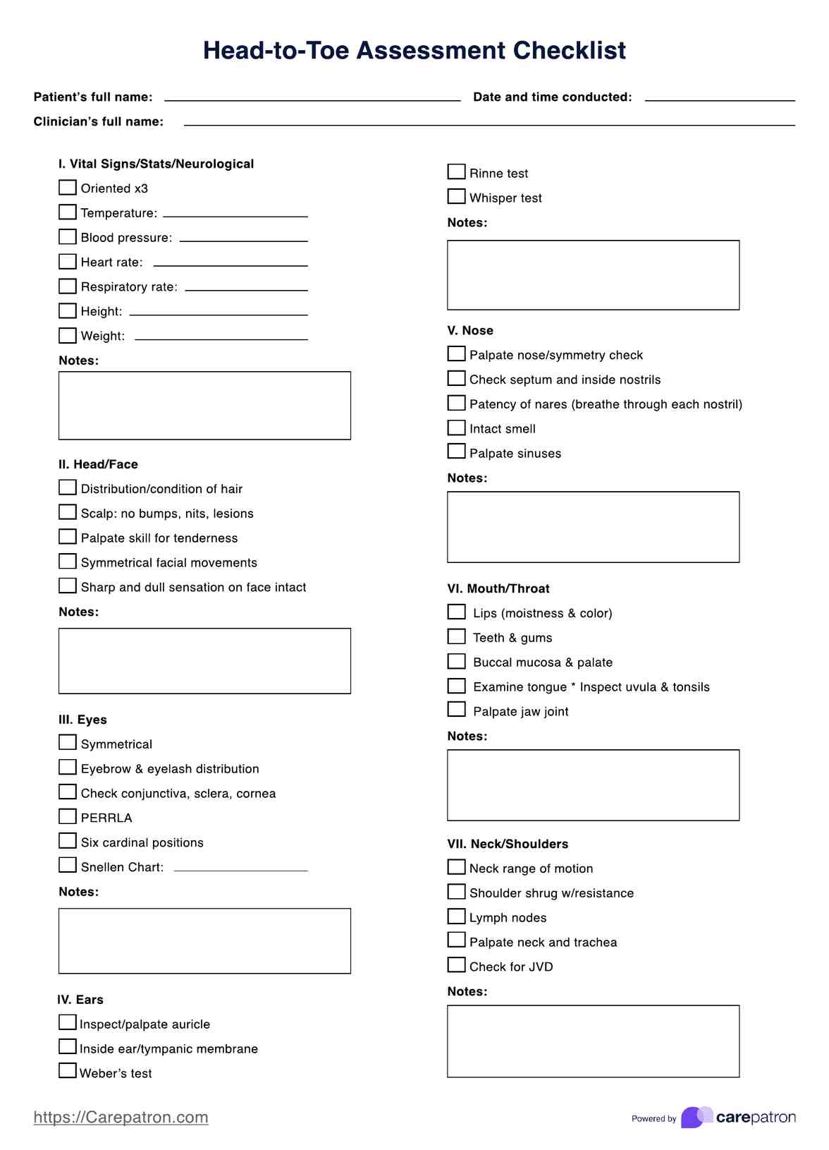 Head-to-Toe Assessment Checklist PDF Example