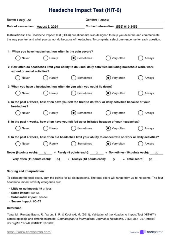 Prueba de impacto del dolor de cabeza (HIT-6) PDF Example