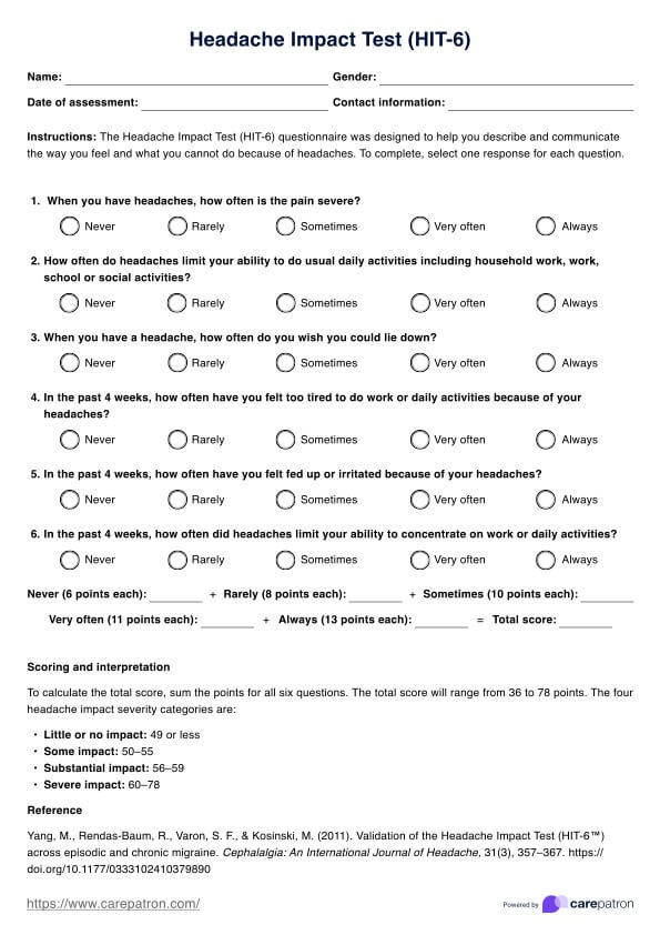 Prueba de impacto del dolor de cabeza (HIT-6) PDF Example