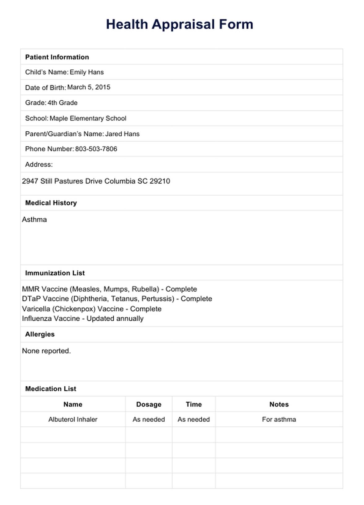 Health Appraisal Form PDF Example