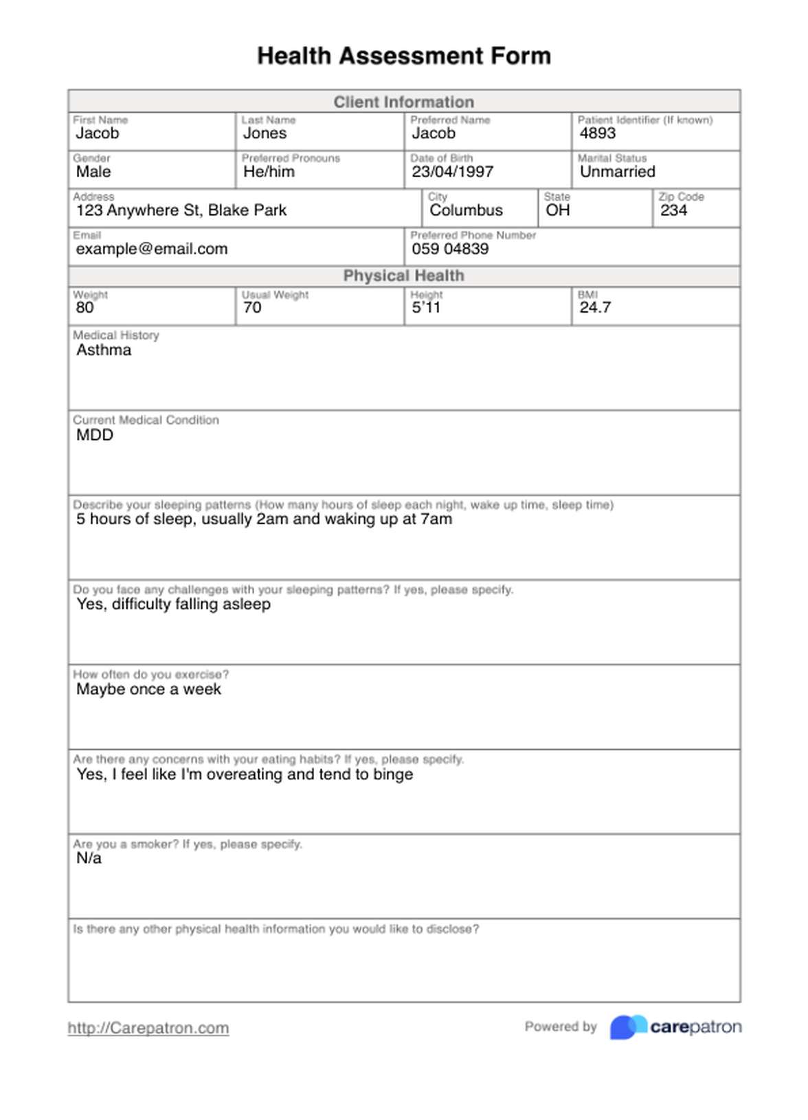 Health Assessment Form PDF Example