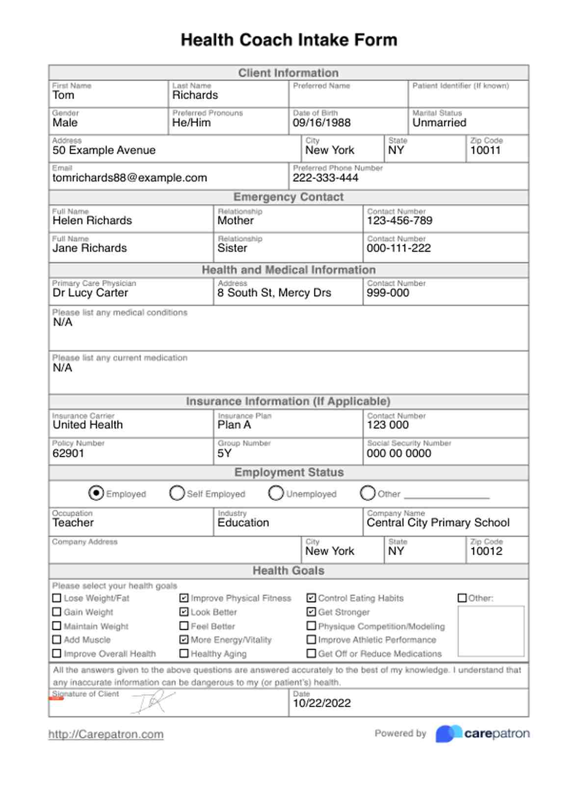 Health Coach Intake Form PDF Example