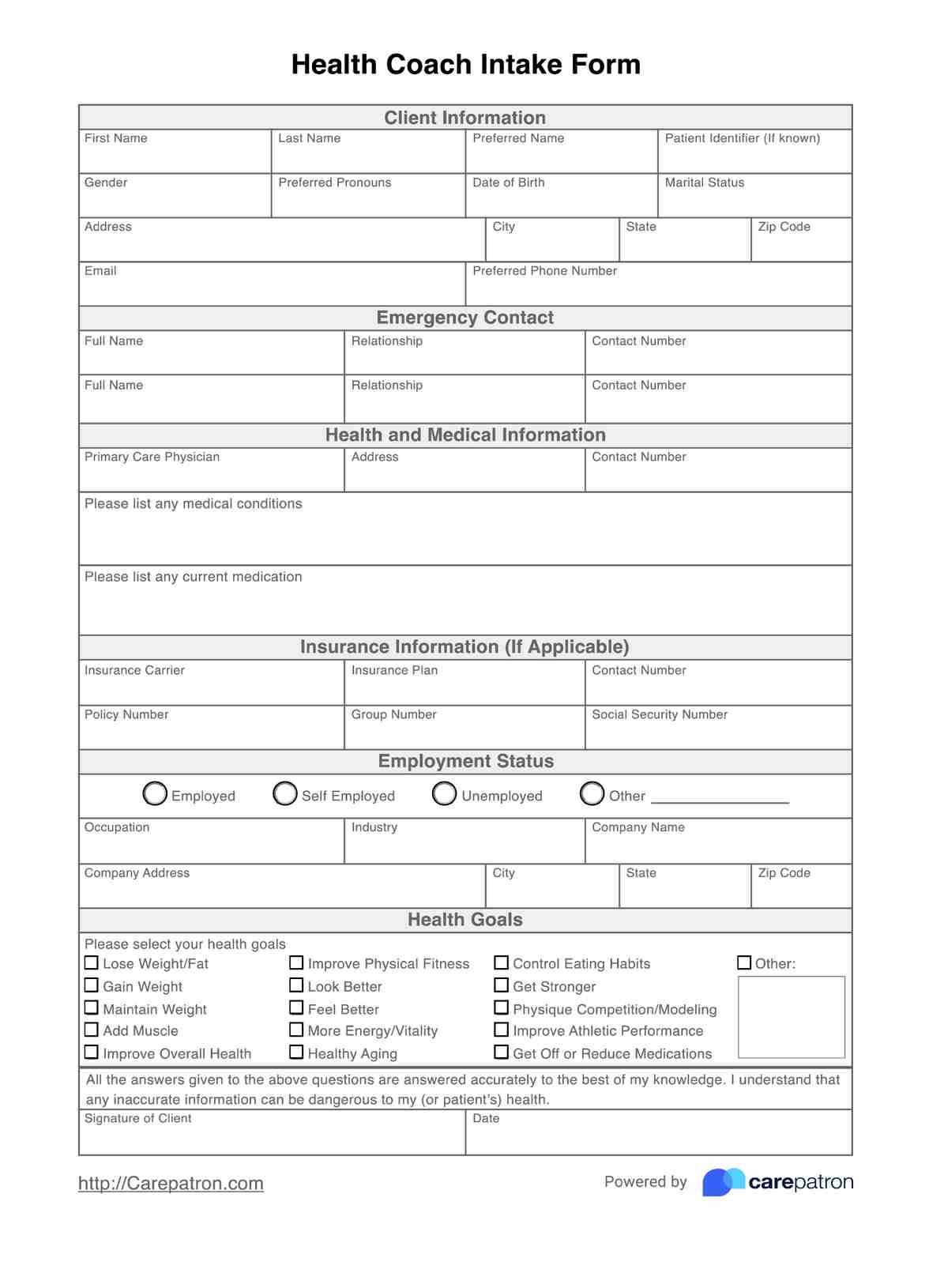 Health Coach Intake Form PDF Example