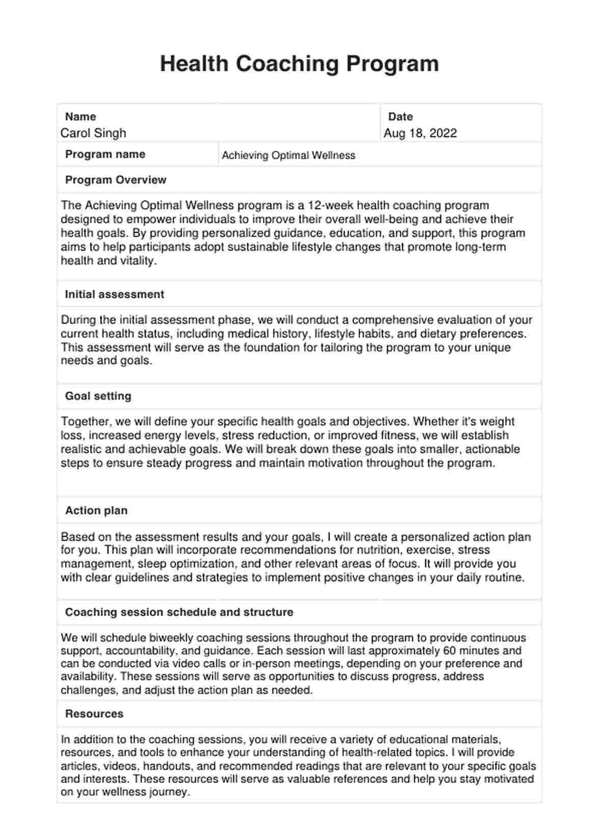 Health Coaching Program Template PDF Example