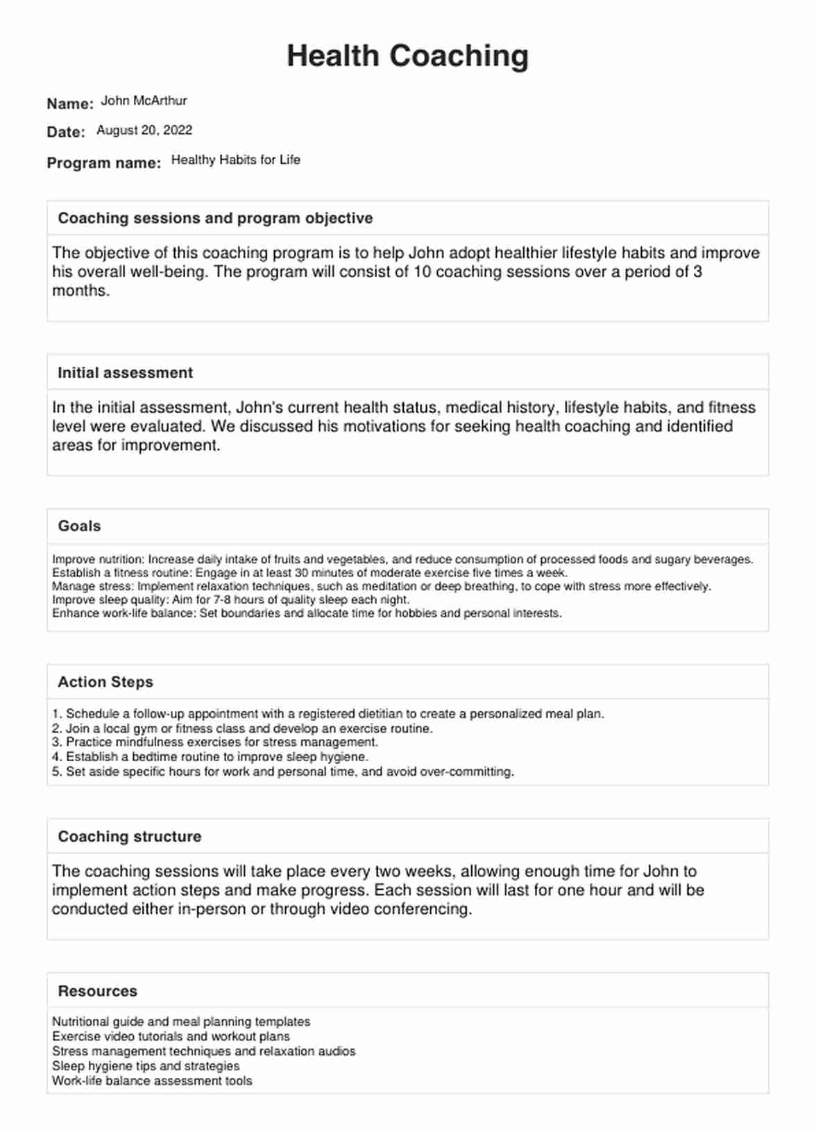 Health Coaching Templates PDF Example