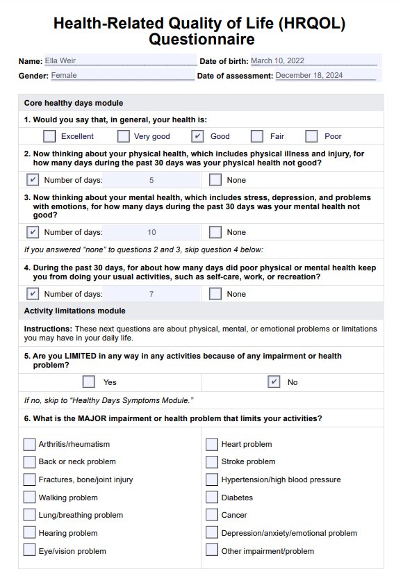 Health-Related Quality of Life (HRQOL) Questionnaire PDF Example