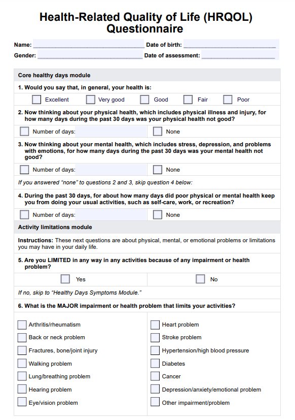 Health-Related Quality of Life (HRQOL) Questionnaire PDF Example