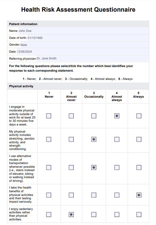 Health Risk Assessment Questionnaire PDF Example