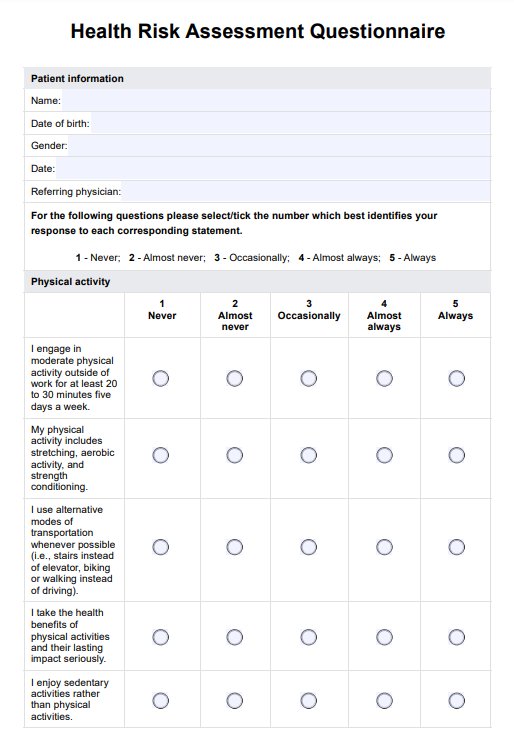 Health Risk Assessment Questionnaire PDF Example