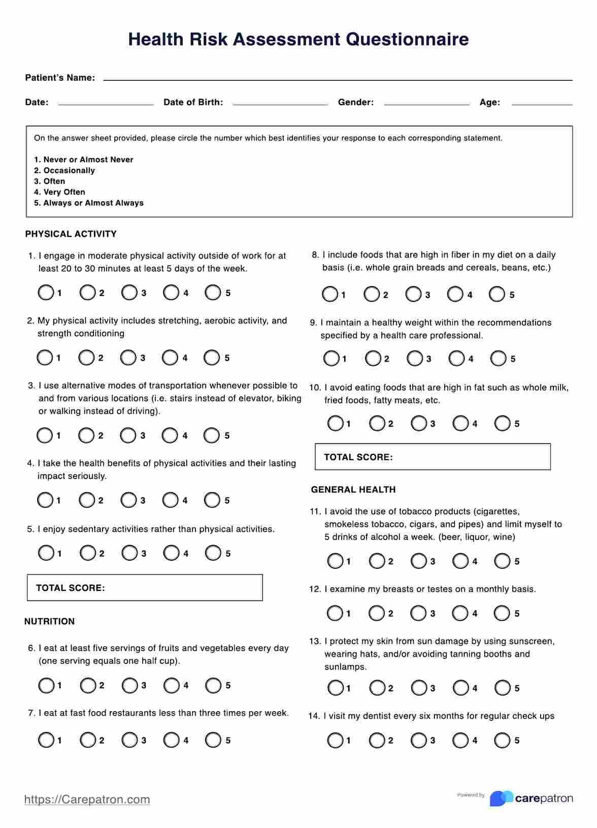 Health Risk Assessment Questionnaire PDF Example