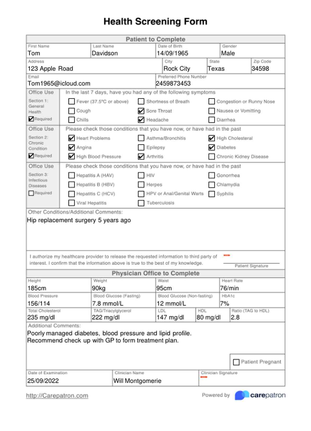 Health Screening Form PDF Example