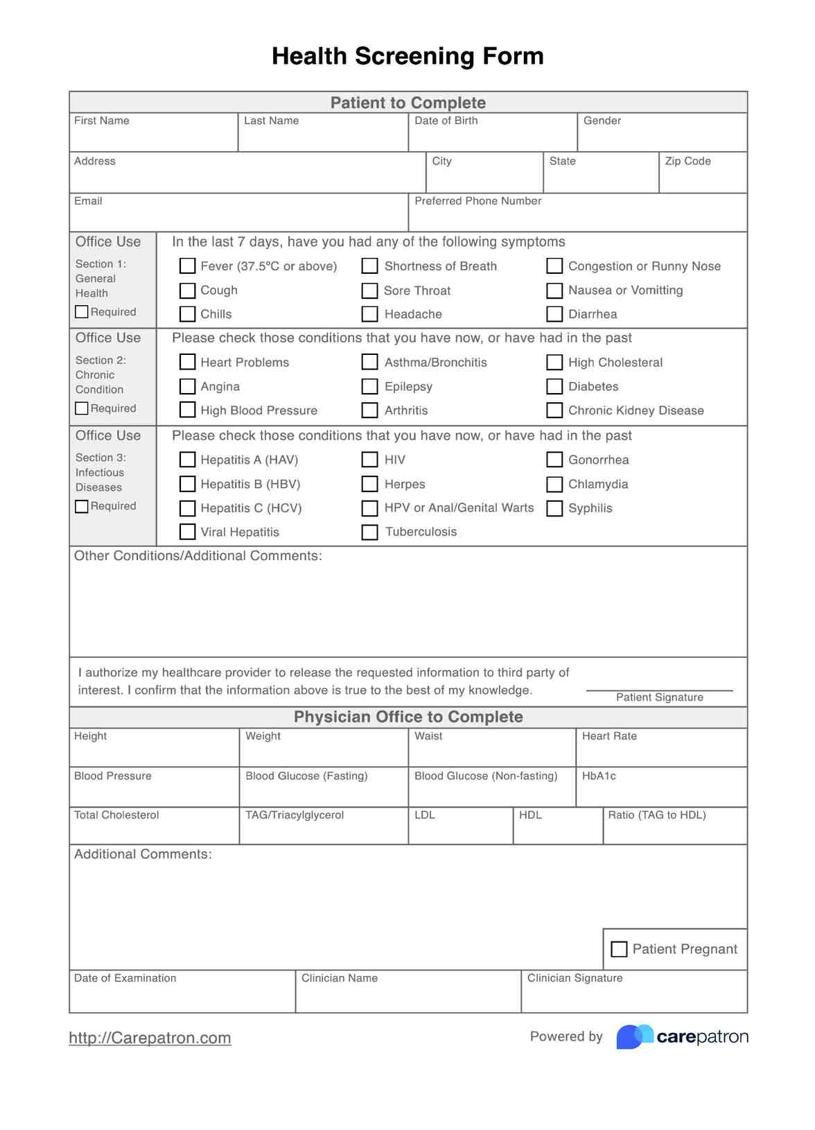 Health Screening Form PDF Example