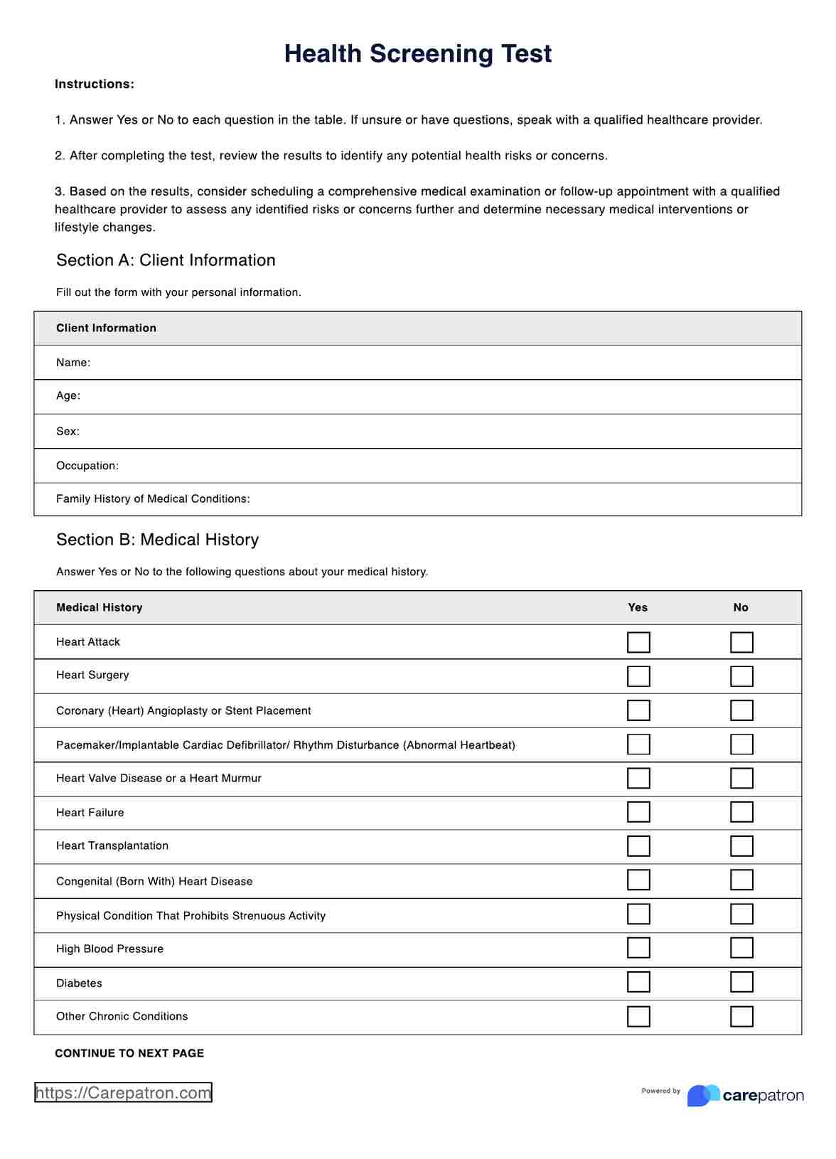 Health Screening Test PDF Example