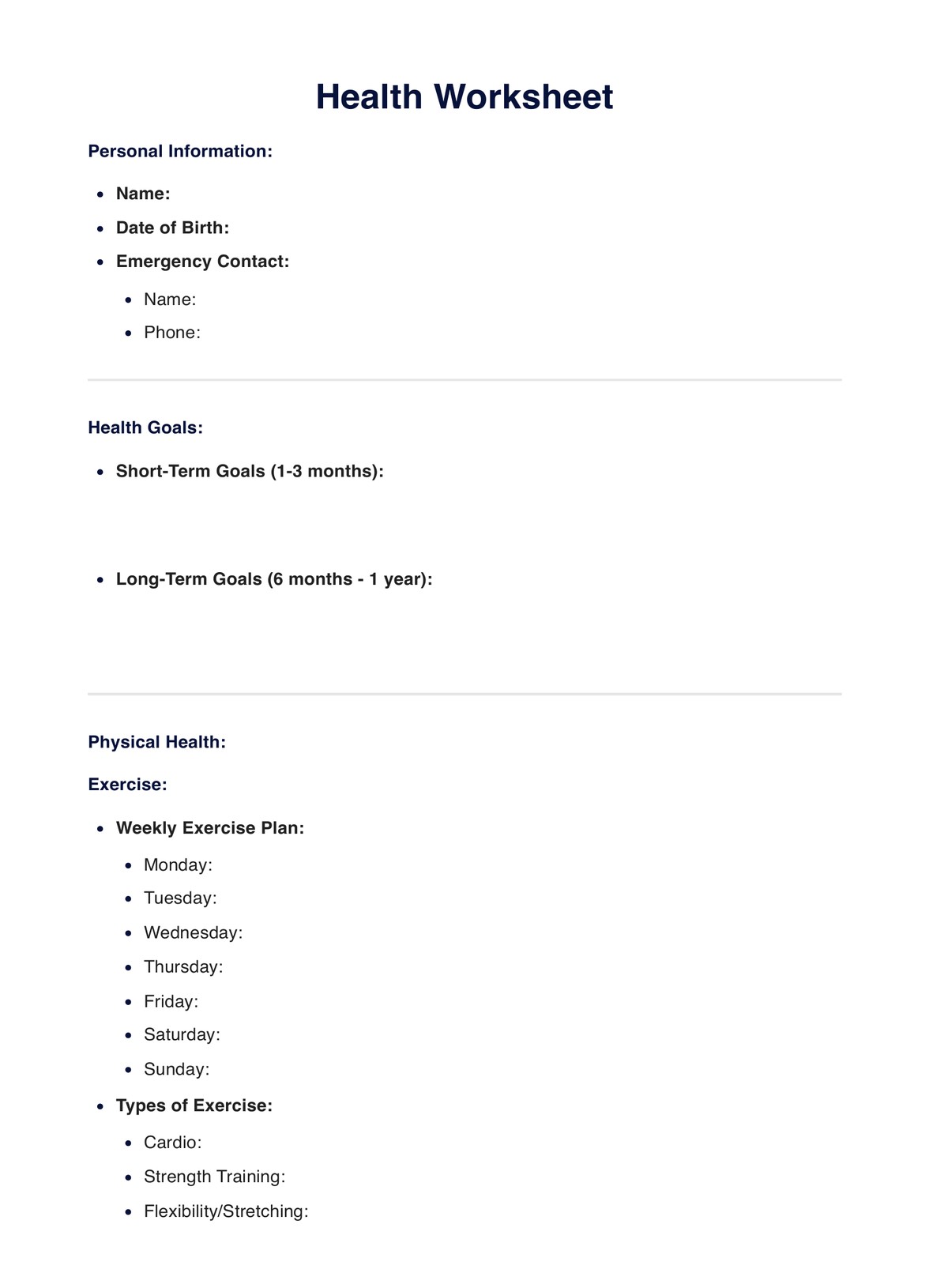 Health Worksheets Template PDF Example