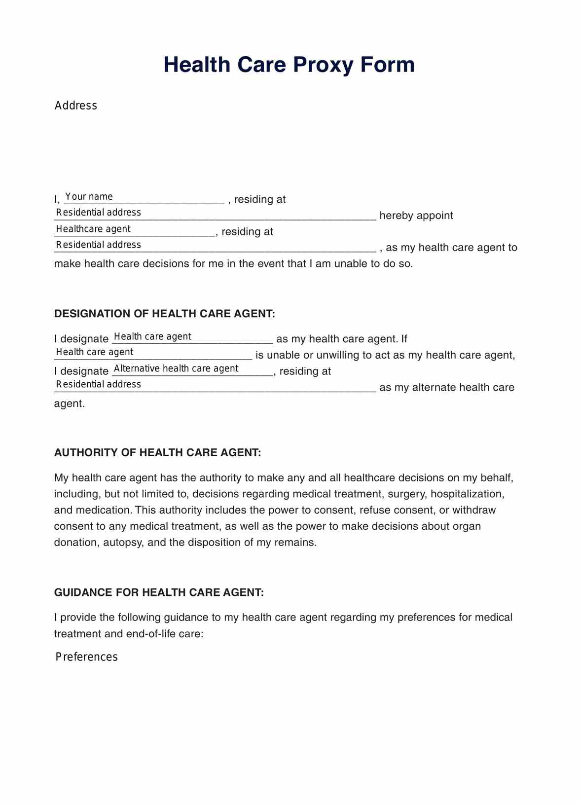 Health Care Proxy Form PDF Example