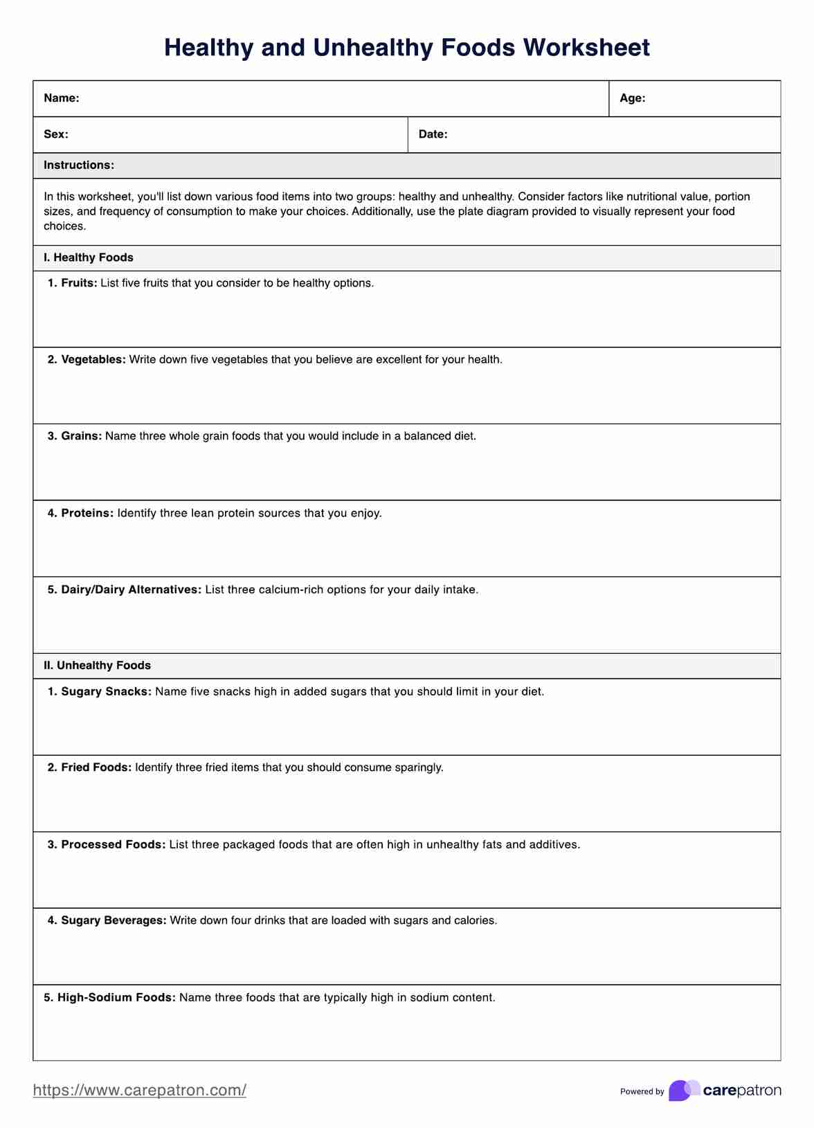 Healthy and Unhealthy Food Worksheet PDF Example