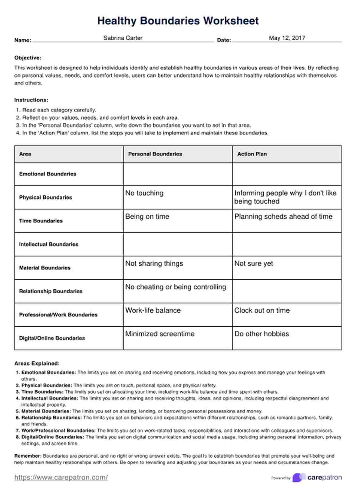 Healthy Boundaries Worksheet PDF Example