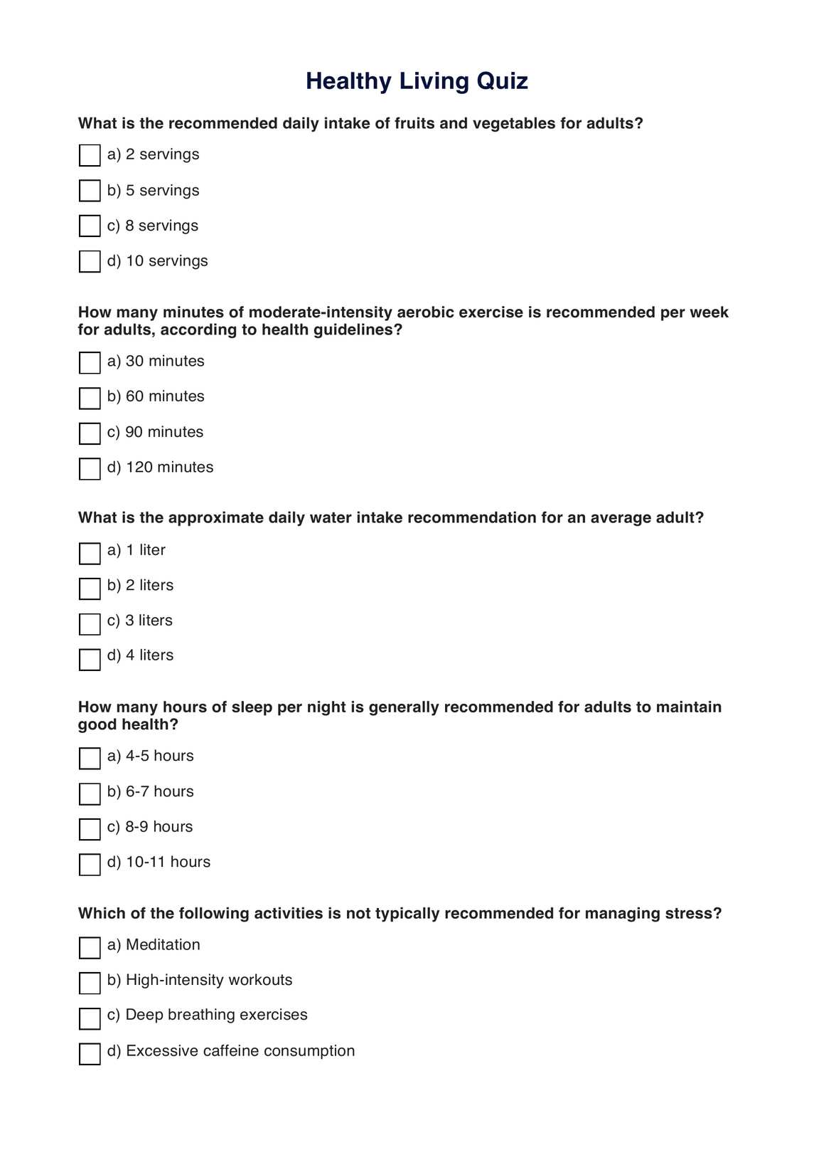 Healthy Quiz PDF Example