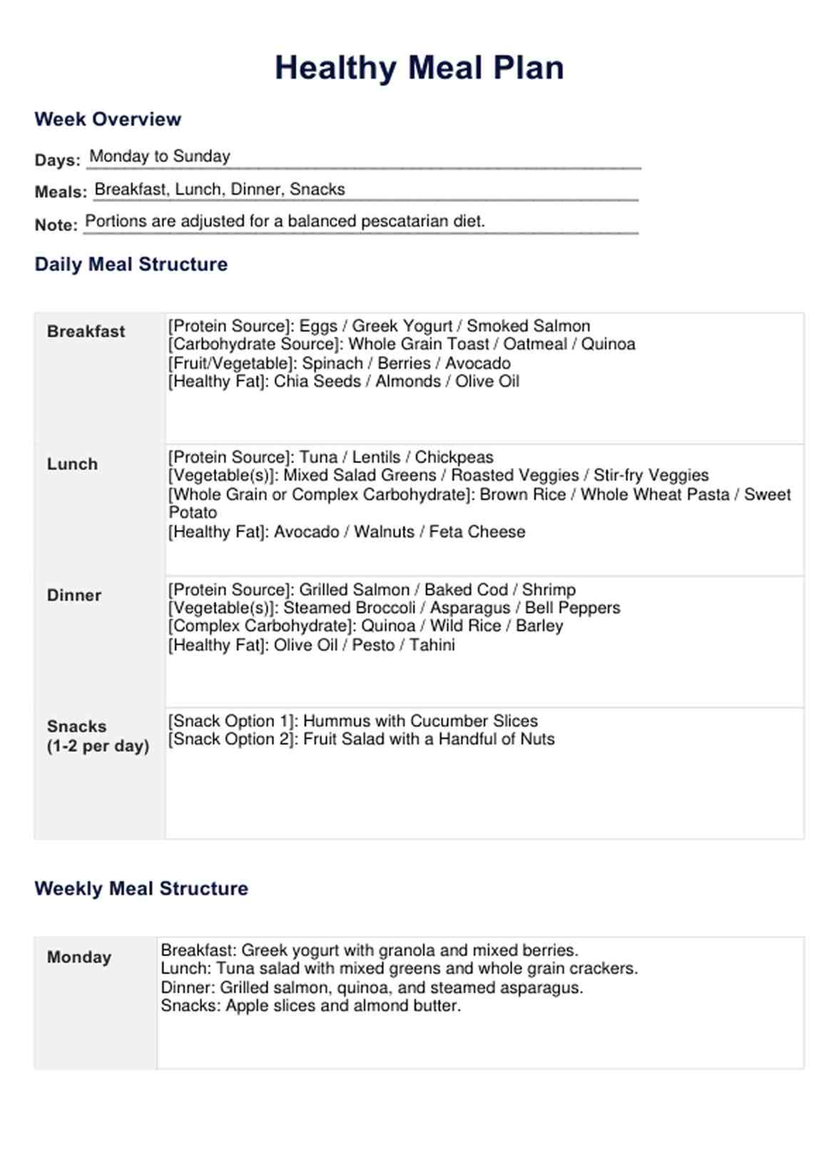Healthy Meal Plan PDF Example