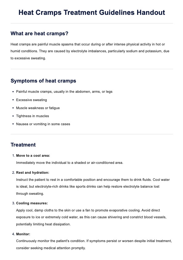 Heat Cramps Treatment Guidelines Handout & Example | Free PDF Download