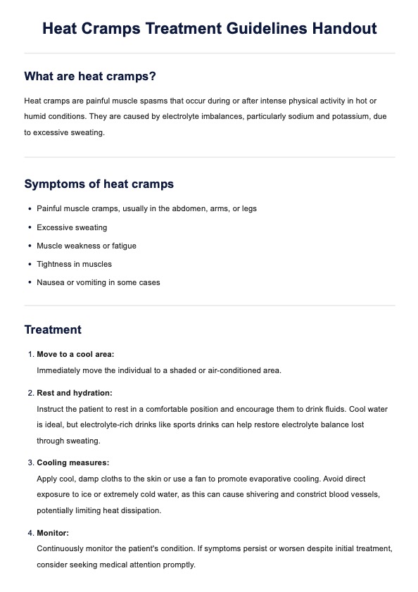 Heat Cramps Treatment Guidelines Handout PDF Example