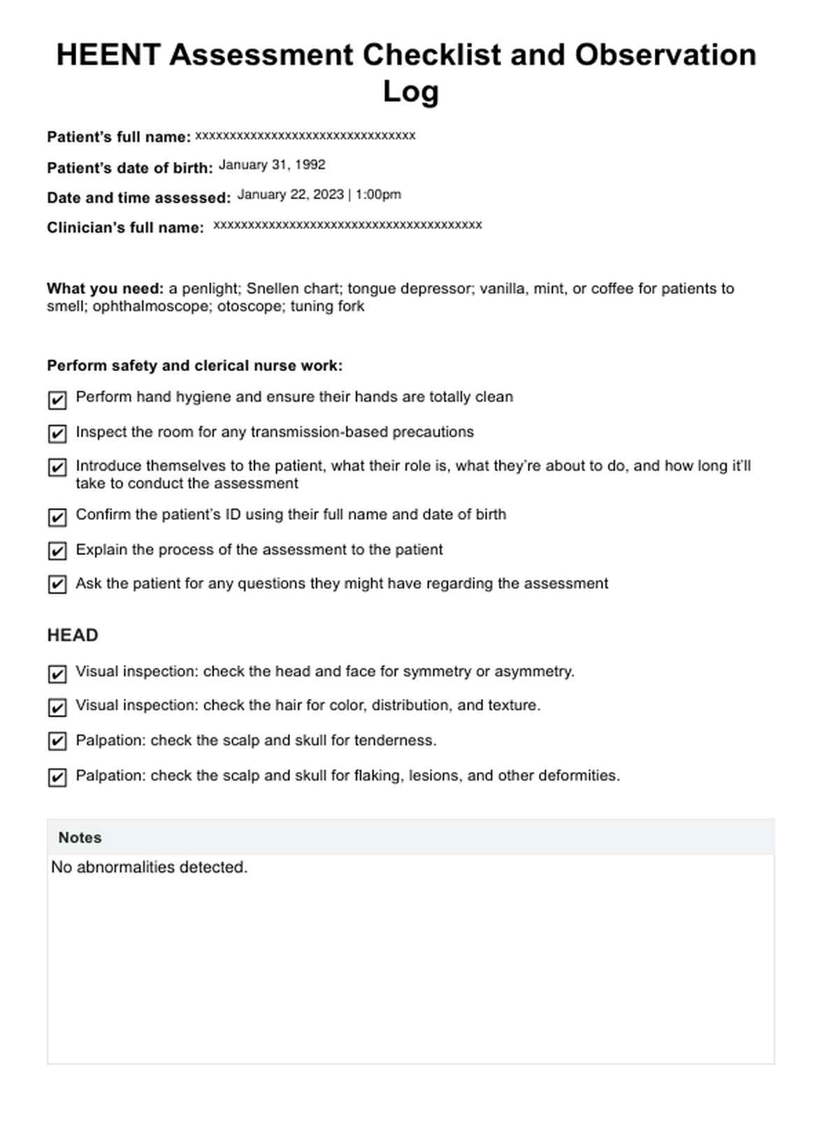 Formulario de Evaluación HEENT (cabeza, ojos, oídos, nariz y garganta) PDF Example