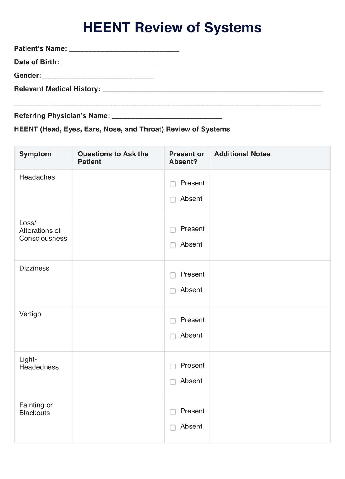HEENT Review Of Systems Template PDF Example