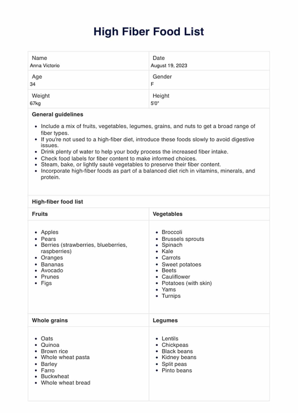 High Fiber Foods PDF Example