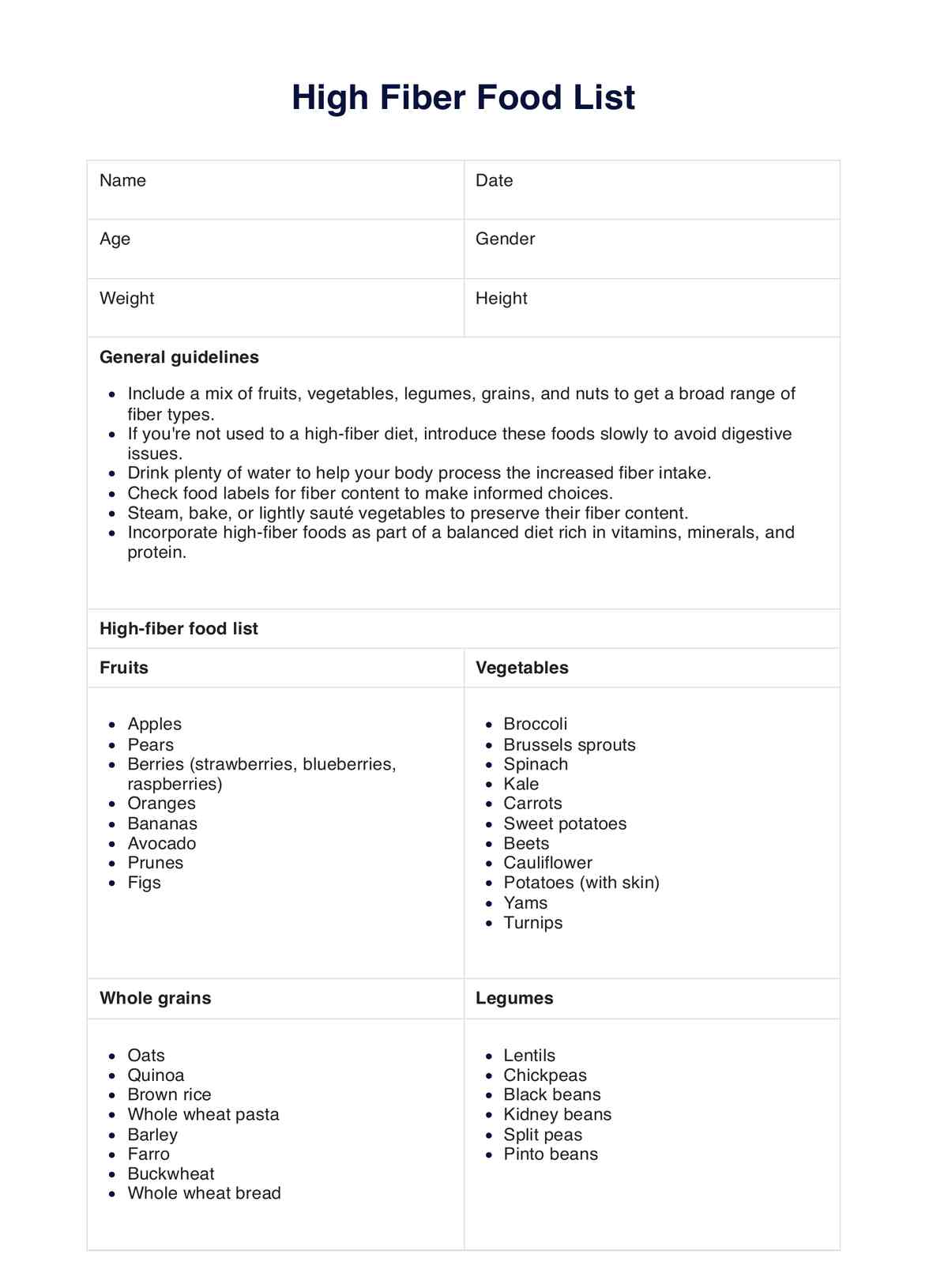 High Fiber Foods PDF Example
