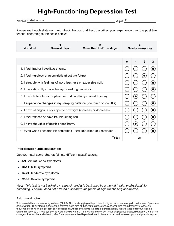 Prueba de depresión de alto funcionamiento PDF Example