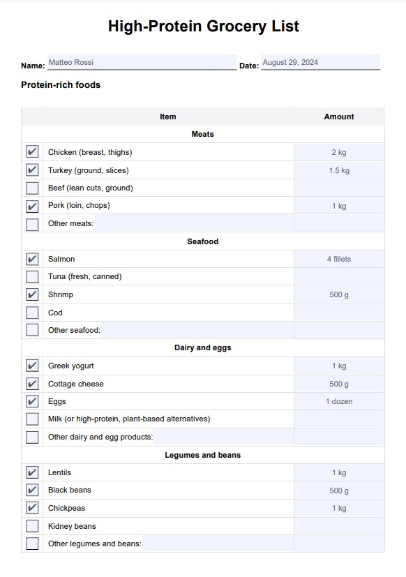 Einkaufsliste mit hohem Proteingehalt PDF Example