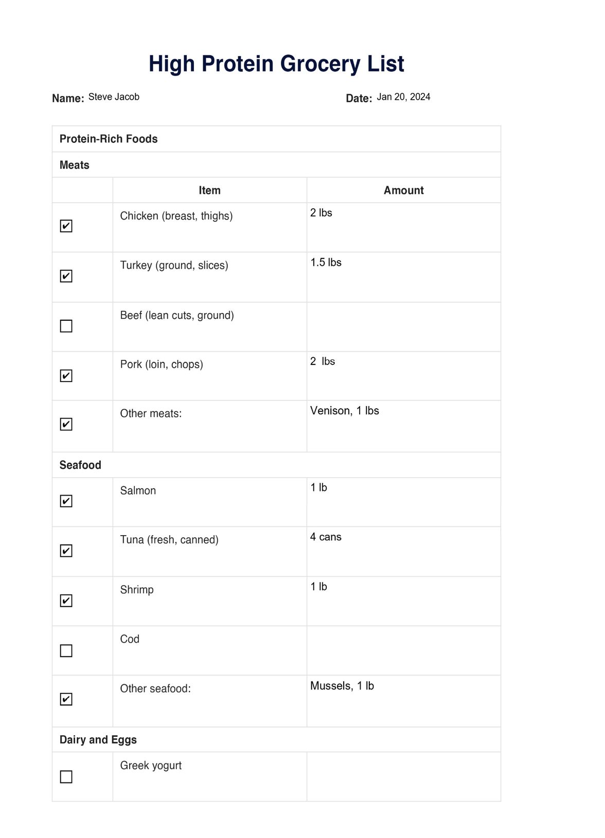 High Protein Grocery List PDF Example