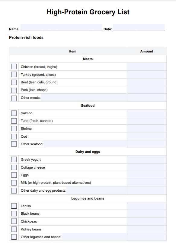 Liste d'épicerie riche en protéines PDF Example