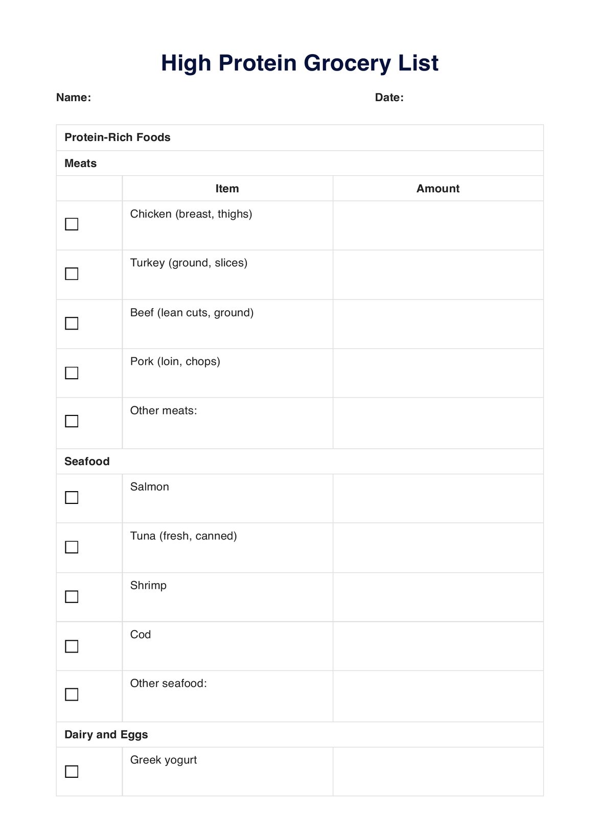 High Protein Grocery List PDF Example