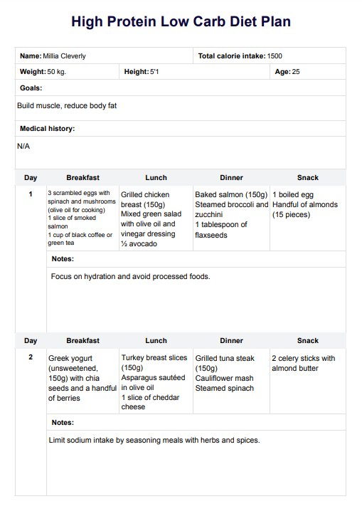 High Protein Low Carb Diet Plan PDF Example