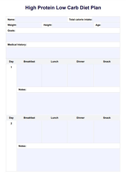 High Protein Low Carb Diet Plan PDF Example