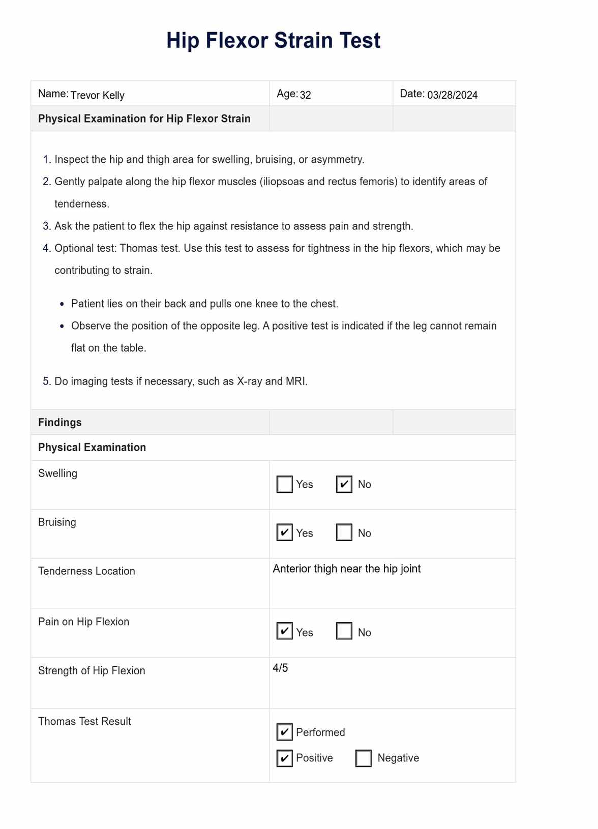 Hip Flexor Strain Test PDF Example