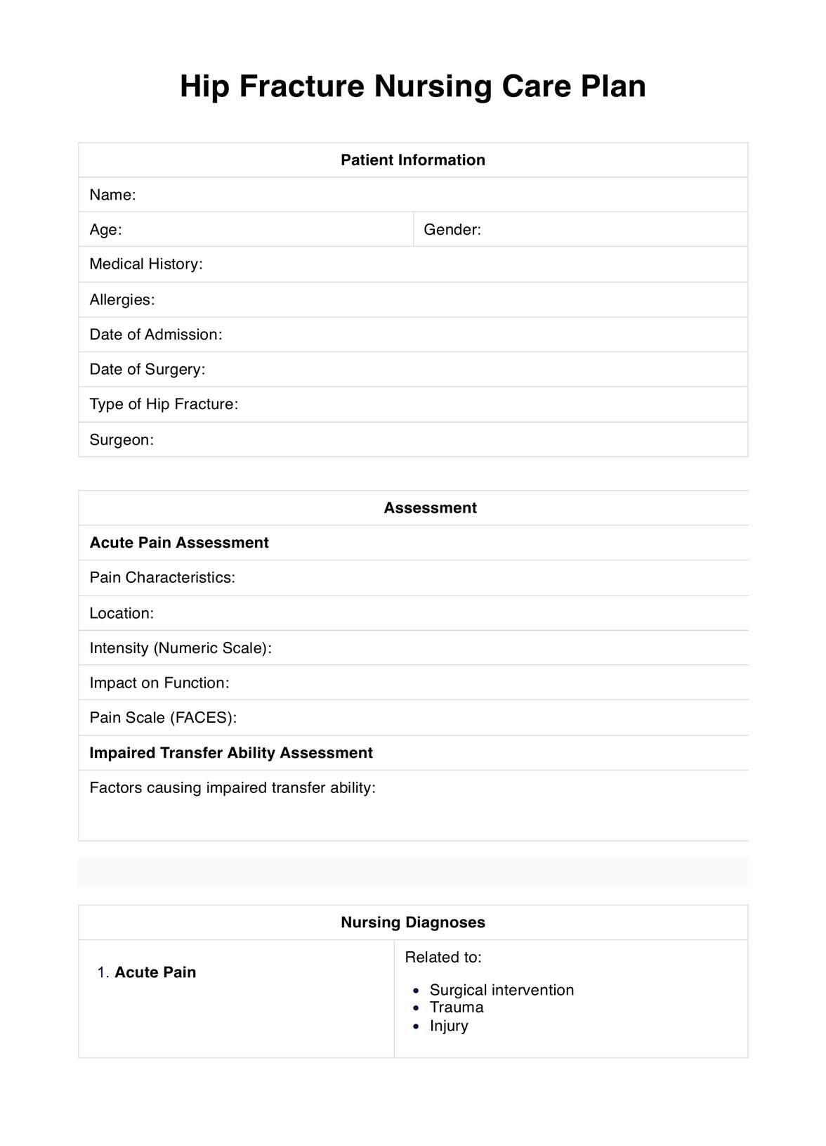 Hip Fracture Nursing Care Plan PDF Example