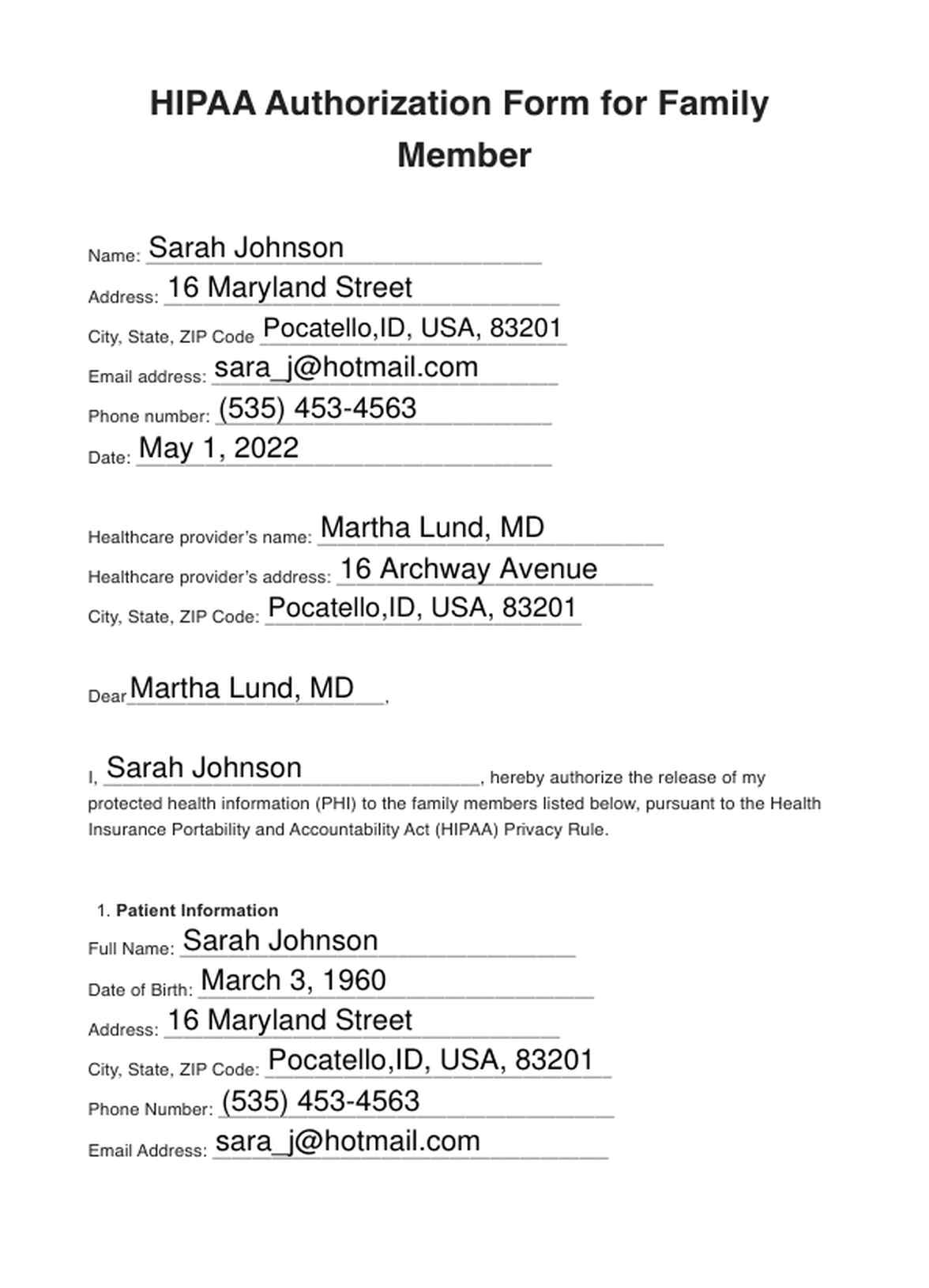 HIPAA Authorization Form For Family Members PDF Example