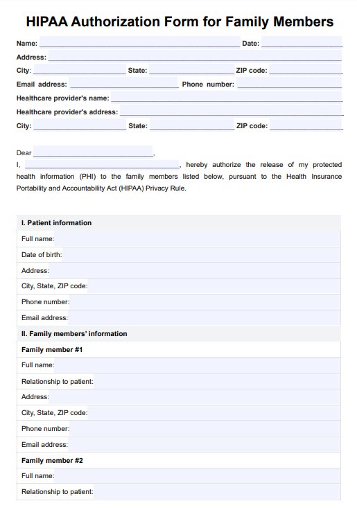 HIPAA Authorization Form For Family Members PDF Example