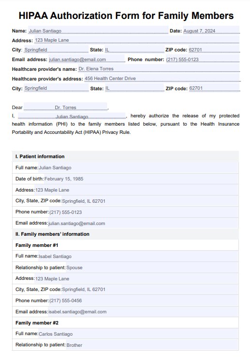 HIPAA autorisasjonsskjema for familiemedlemmer PDF Example