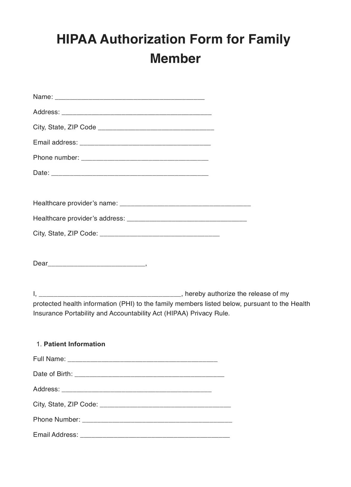 HIPAA Authorization Form For Family Members PDF Example